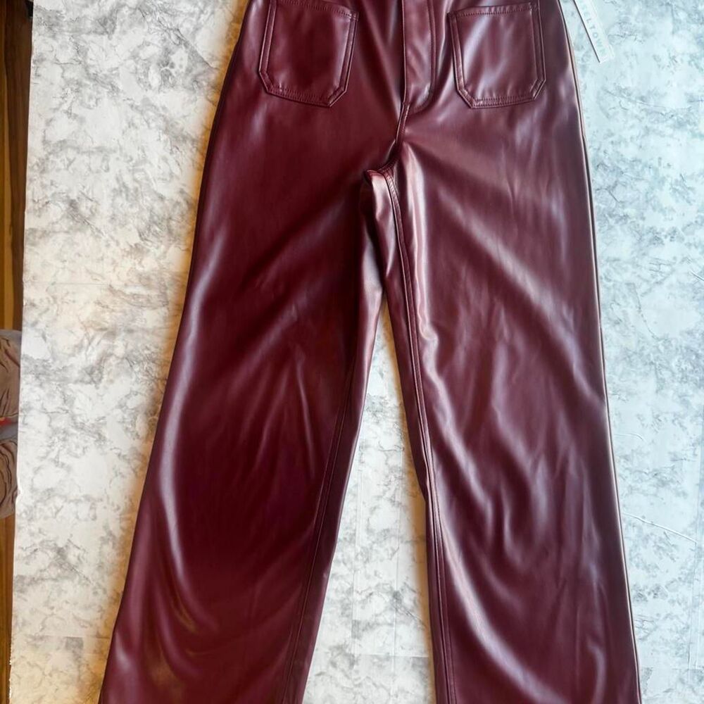 Women's Burgundy Faux Leather Straight Leg High Rise Casual Edgy Fall Pants